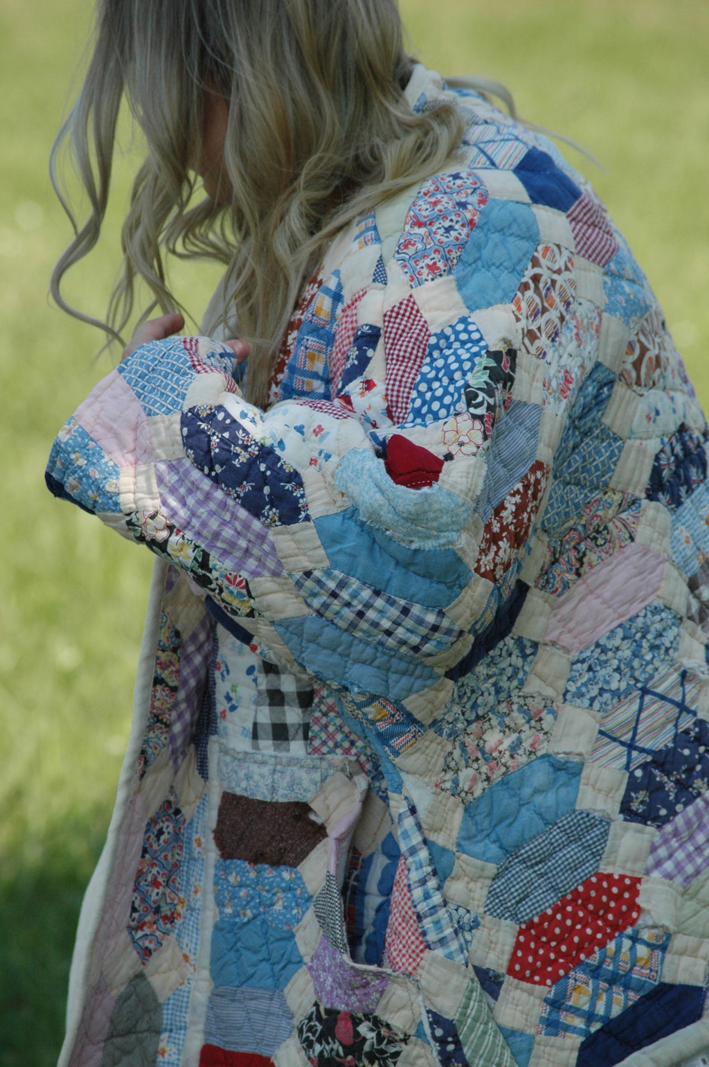 Vintage Patchwork Feed Sack Quilted Jacket with Pockets