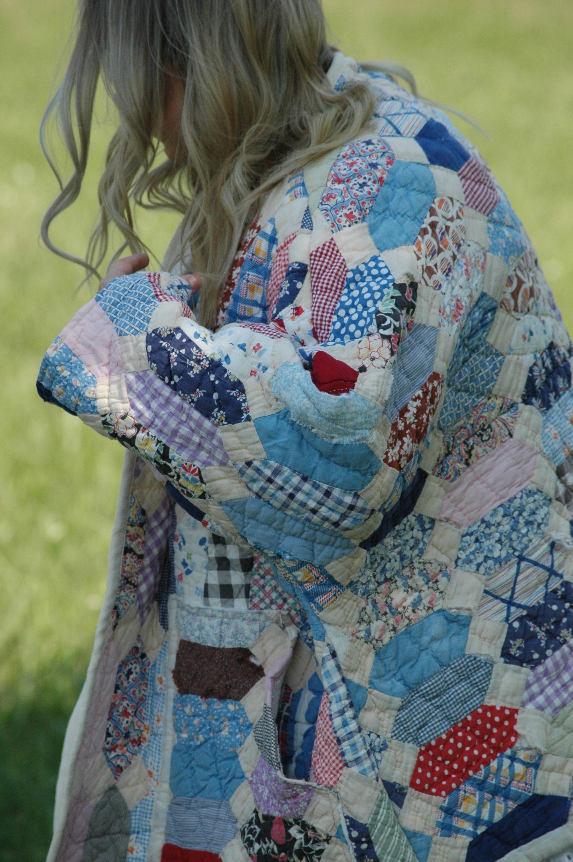 Vintage Patchwork Feed Sack Quilted Jacket with Pockets