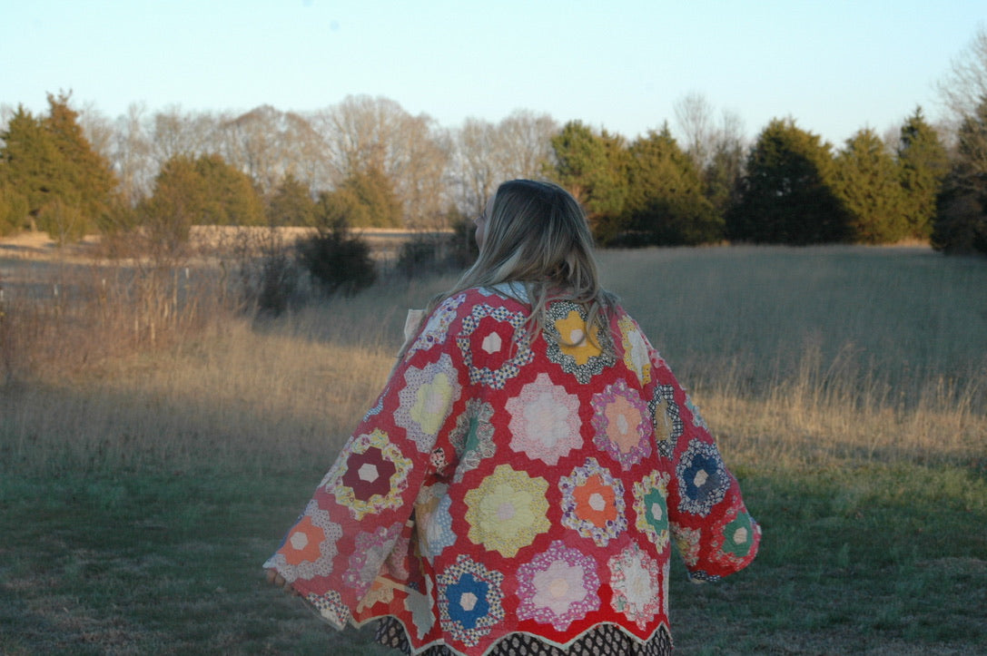 Vintage Red Grandmother's Flower Garden Quilt Jacket