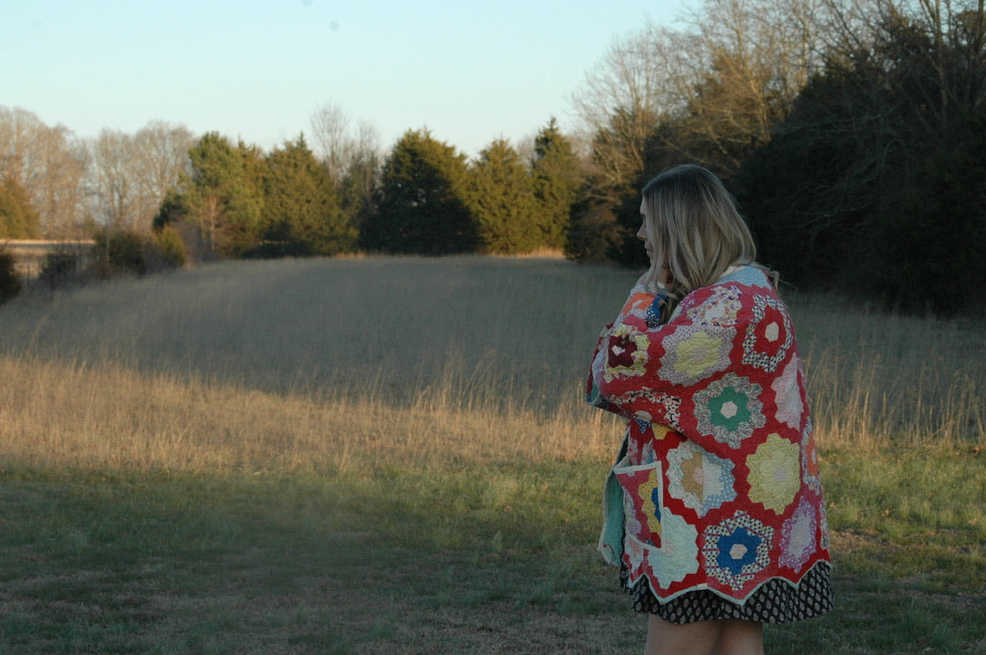 Vintage Red Grandmother's Flower Garden Quilt Jacket