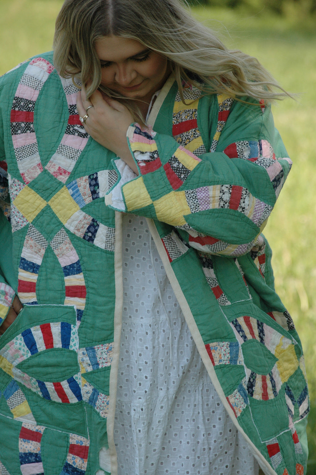 Vintage Green Wedding Ring Quilted Jacket with Pockets