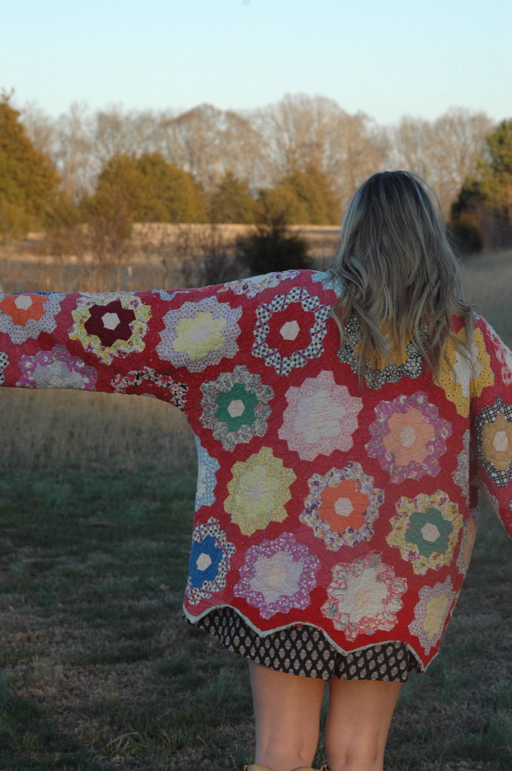 Vintage Red Grandmother's Flower Garden Quilt Jacket