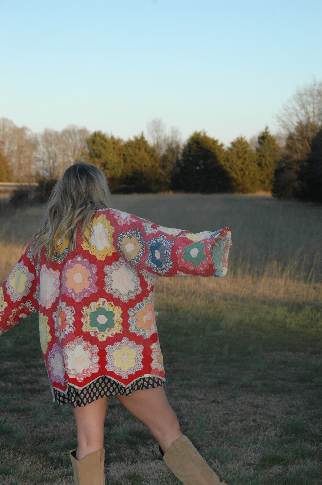 Vintage Red Grandmother's Flower Garden Quilt Jacket
