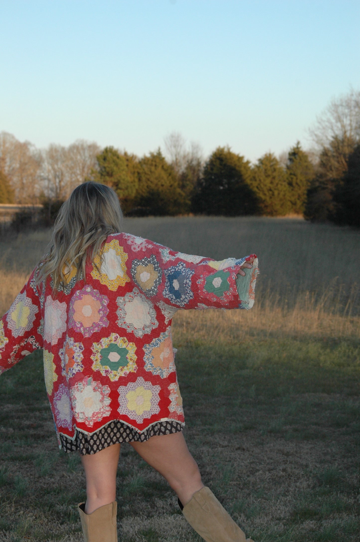 Vintage Red Grandmother's Flower Garden Quilt Jacket