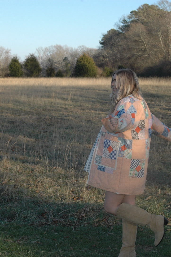 Vintage Peach Bowtie Patchwork Quilt Jacket
