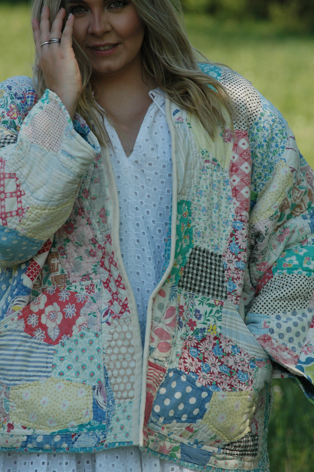 Vintage Feed Sack Multi Color Quilted Jacket with Pockets