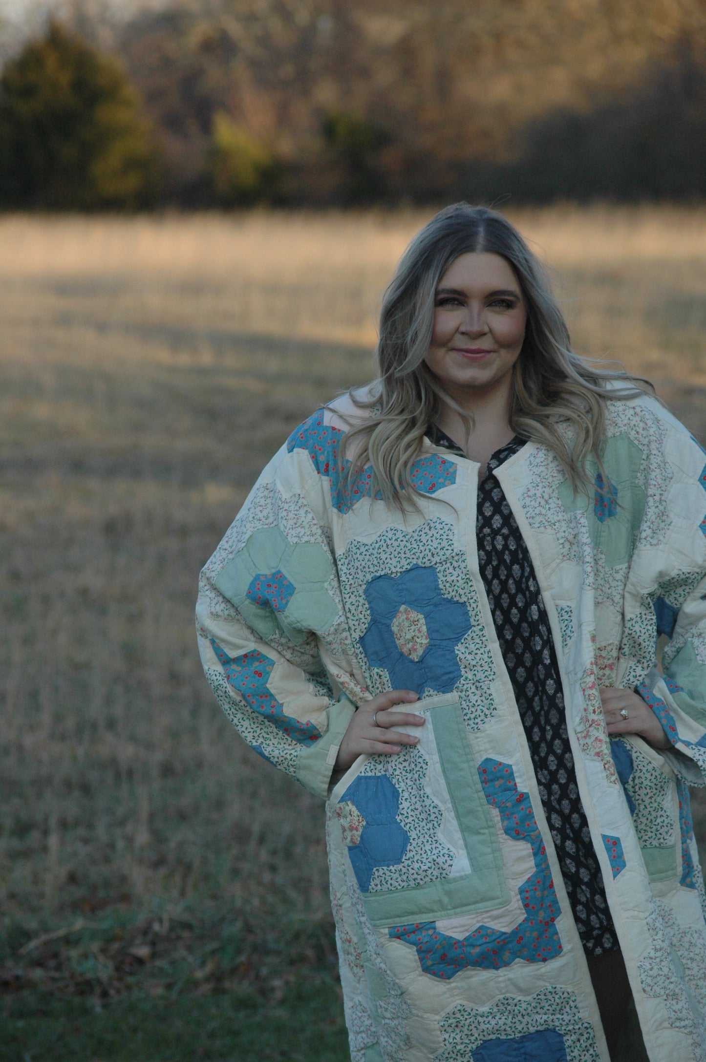 Vintage Pastel Grandmother's Flower Garden Quilt Jacket