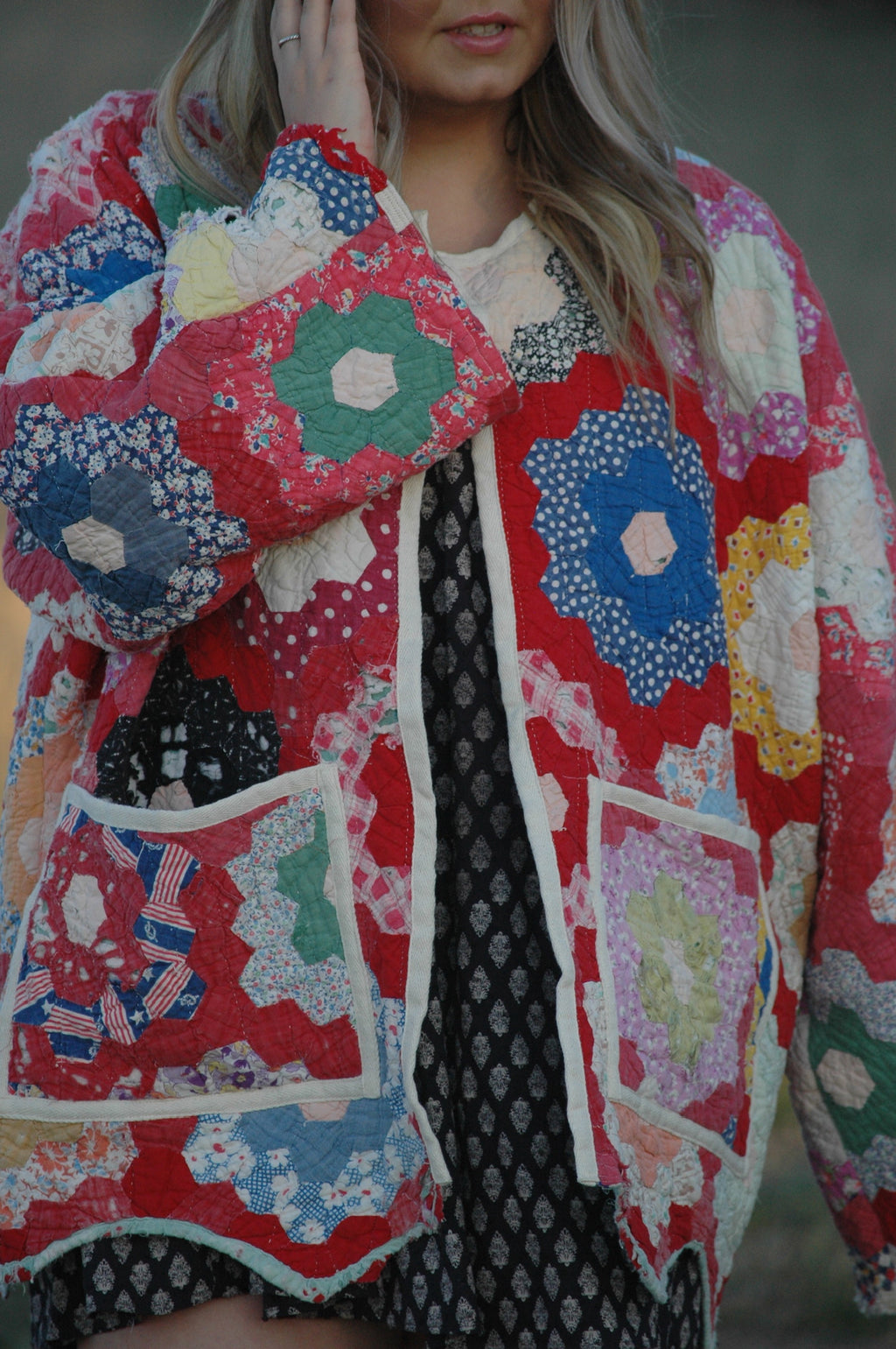 Vintage Red Grandmother's Flower Garden Quilt Jacket