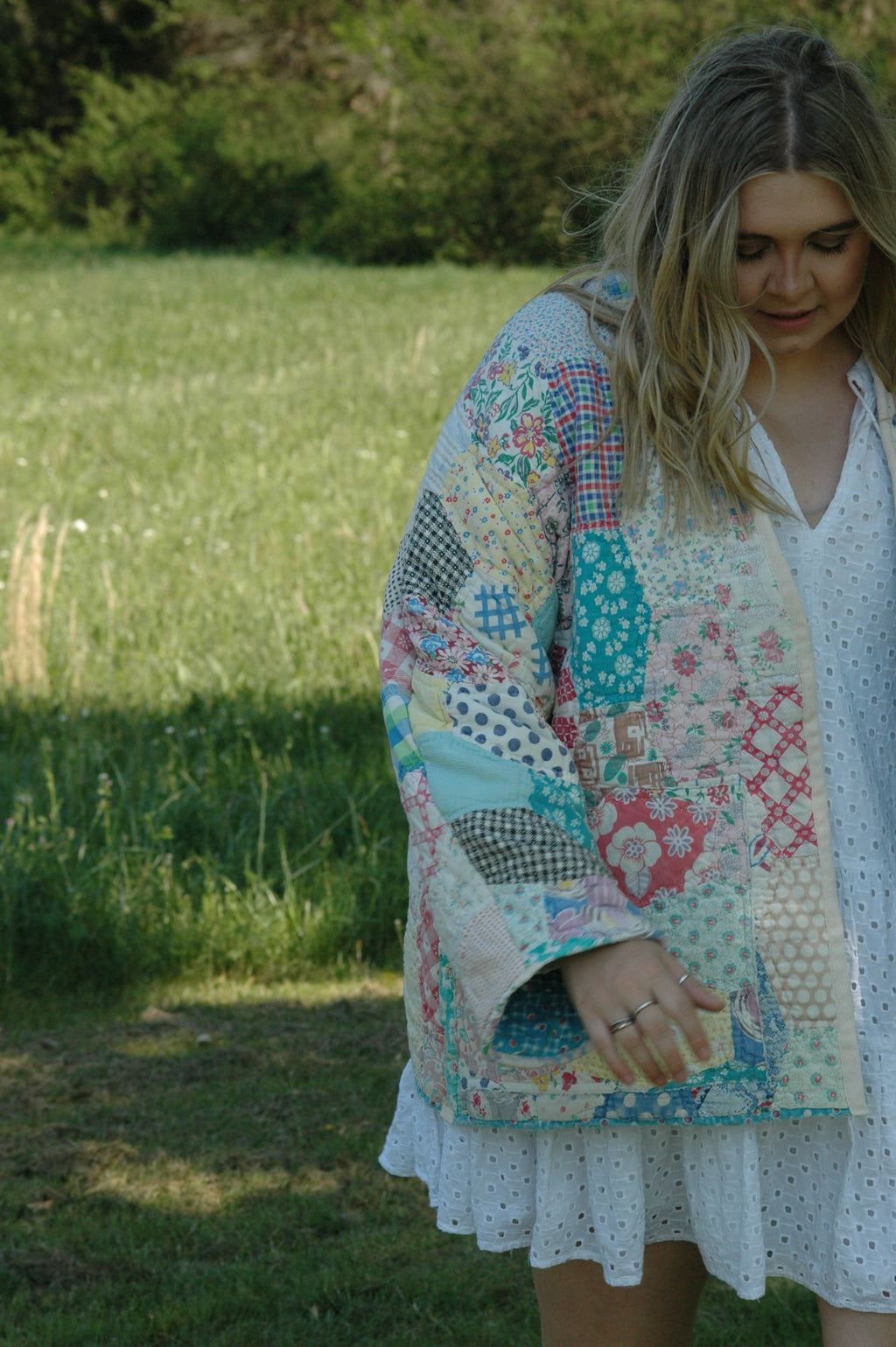 Vintage Feed Sack Multi Color Quilted Jacket with Pockets
