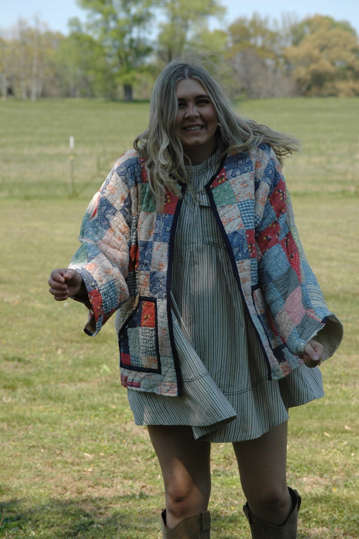 Vintage 1930s Feed Sack Quilted Jacket with Pockets