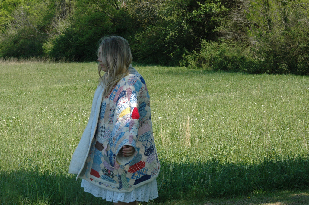 Vintage Patchwork Feed Sack Quilted Jacket with Pockets