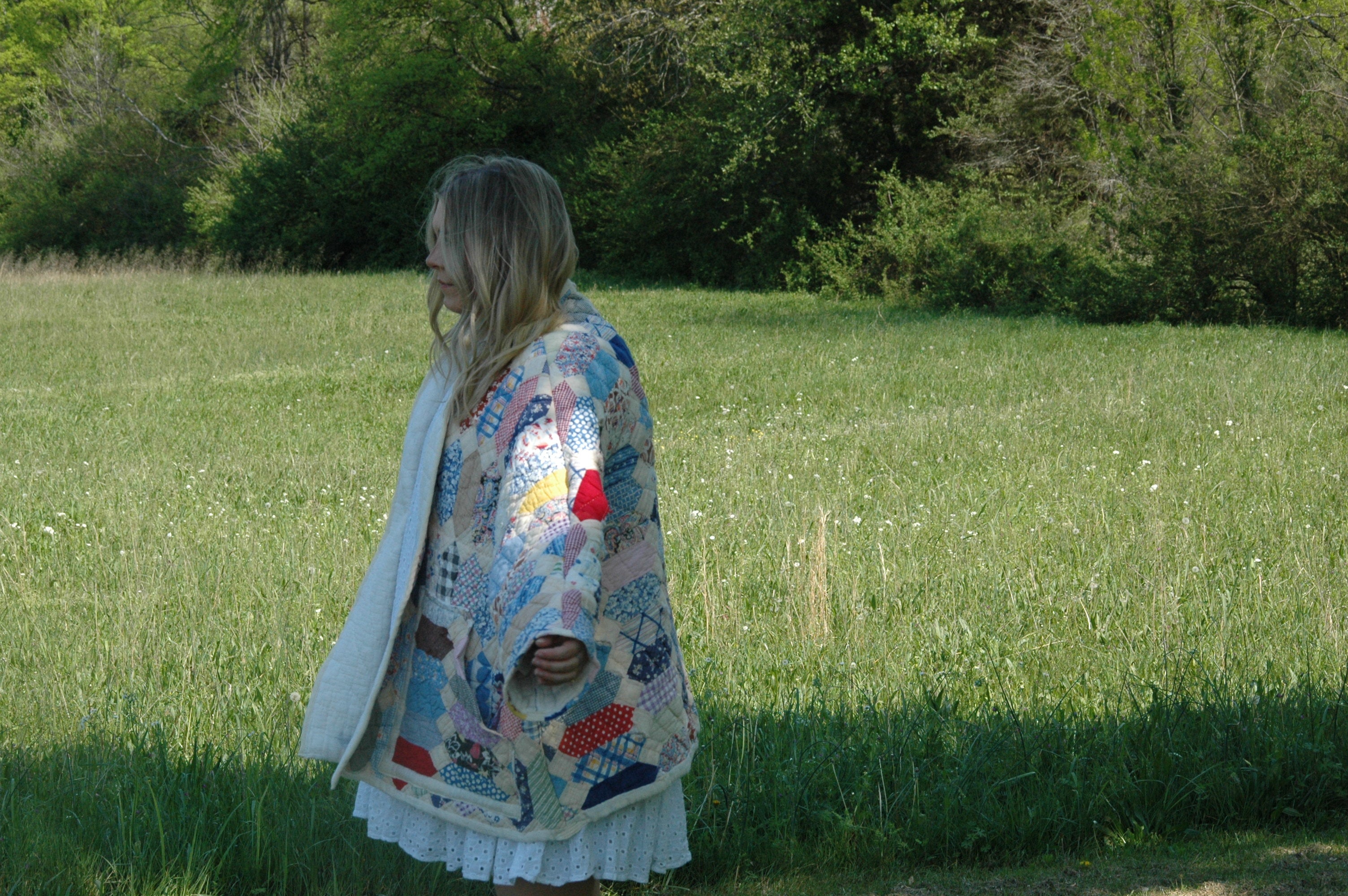 Vintage Patchwork Feed Sack Quilted Jacket with Pockets