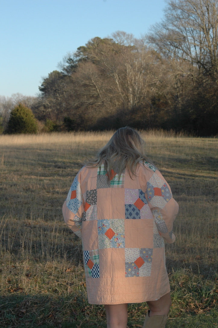 Vintage Peach Bowtie Patchwork Quilt Jacket
