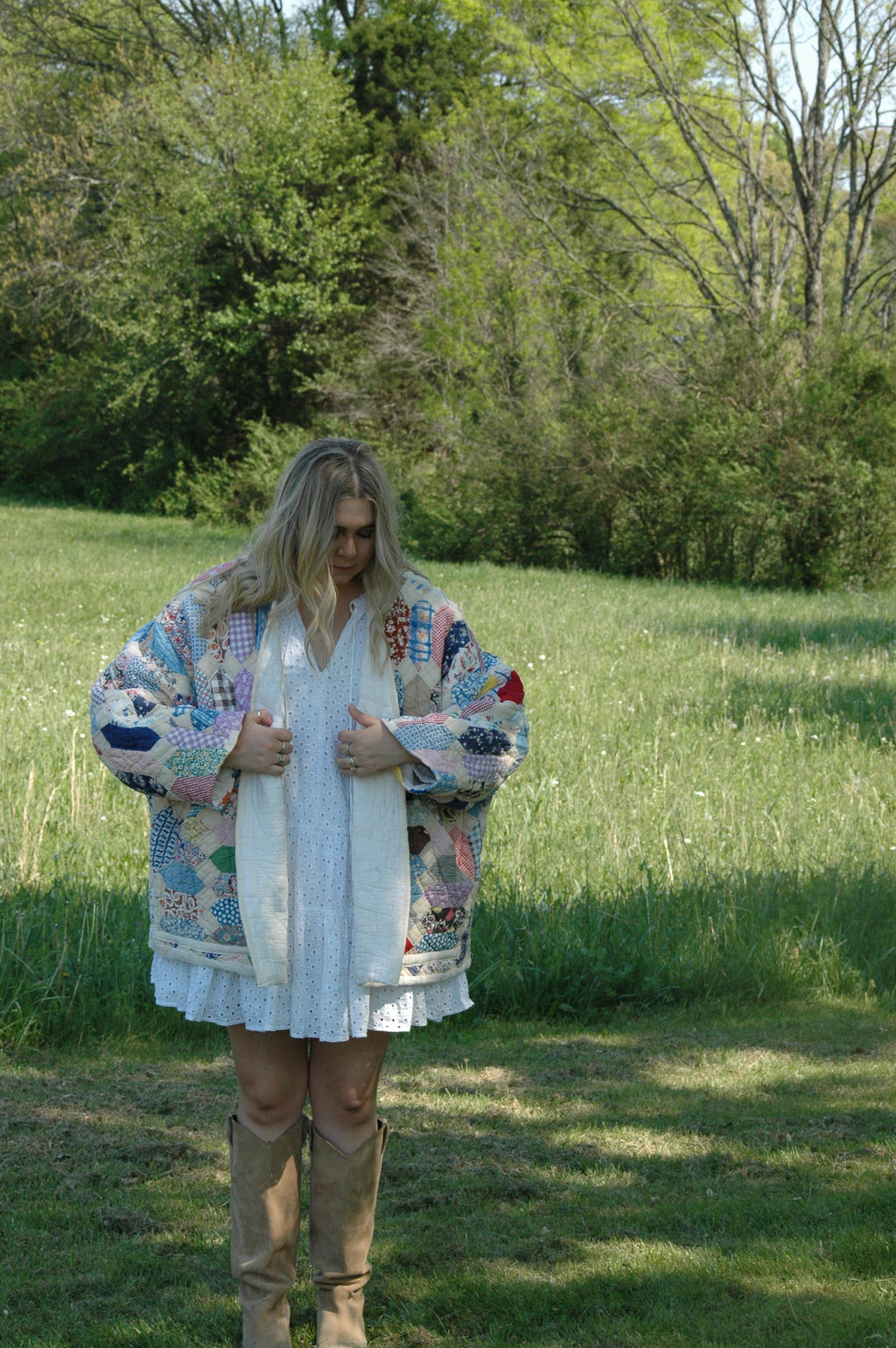 Vintage Patchwork Feed Sack Quilted Jacket with Pockets