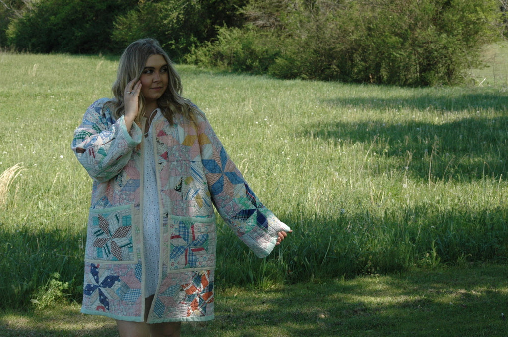 Vintage Patchwork Long Quilted Jacket with Pockets