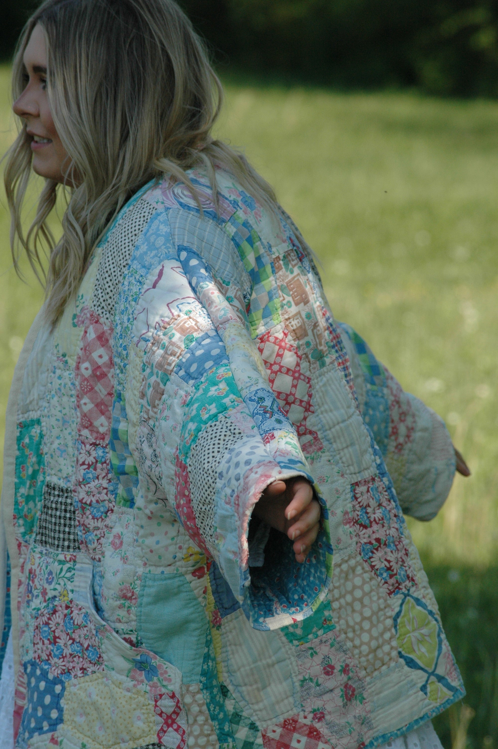 Vintage Feed Sack Multi Color Quilted Jacket with Pockets
