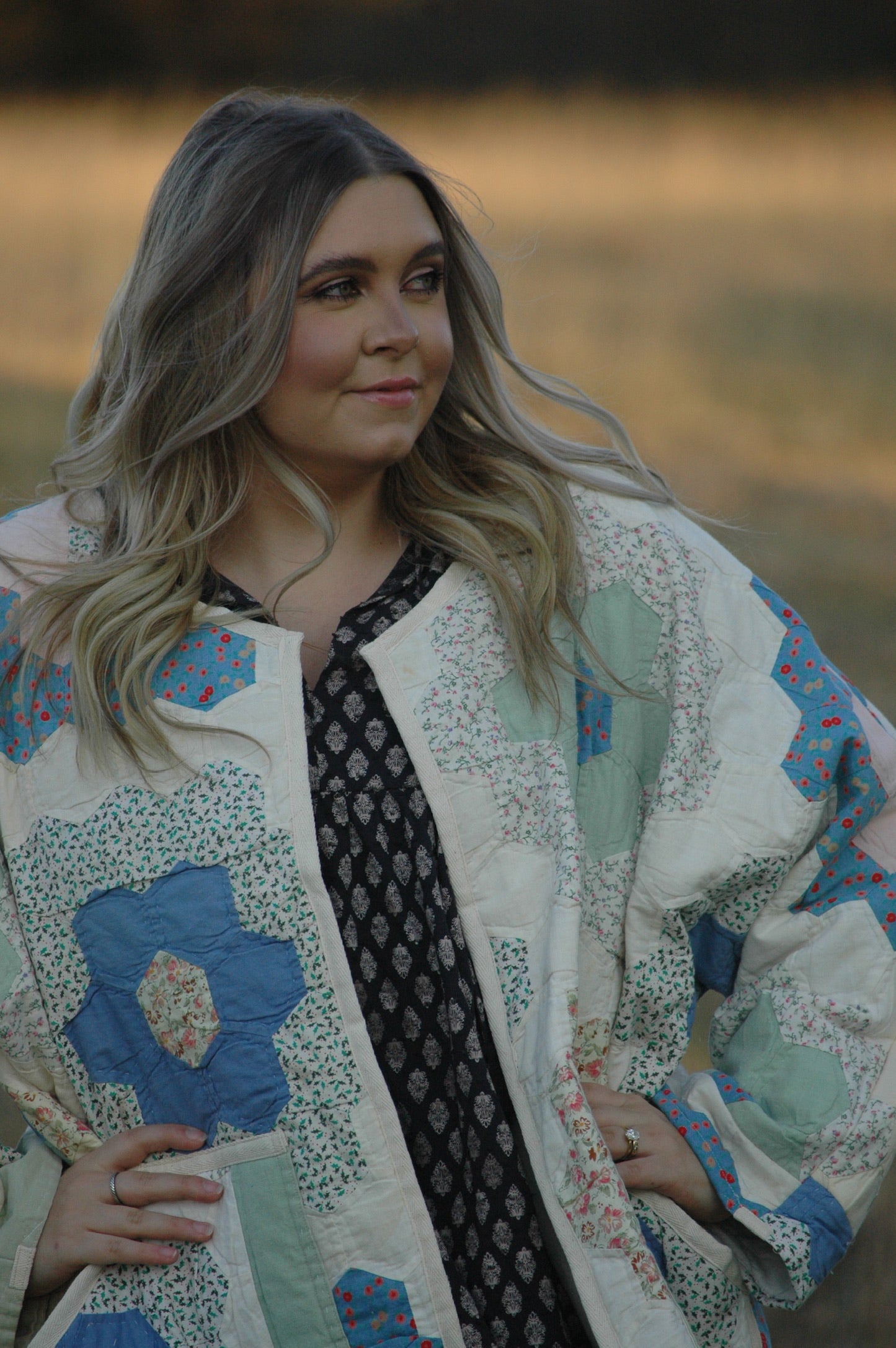 Vintage Pastel Grandmother's Flower Garden Quilt Jacket