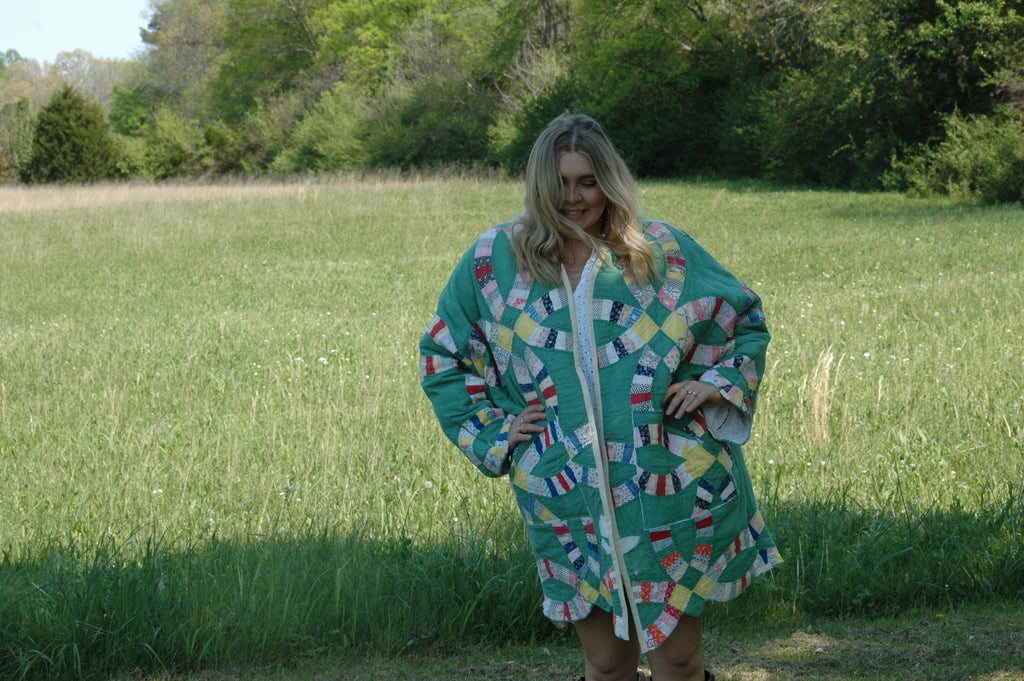 Vintage Green Wedding Ring Quilted Jacket with Pockets