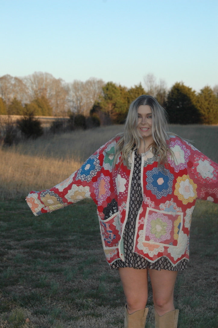 Vintage Red Grandmother's Flower Garden Quilt Jacket