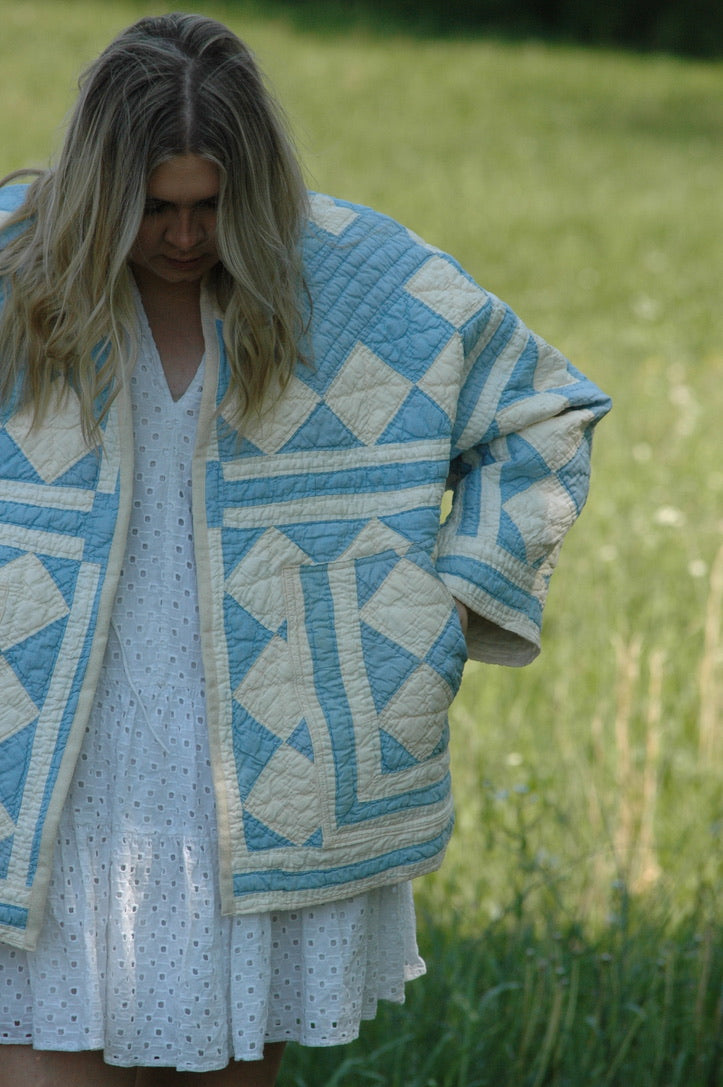 Vintage Blue and Cream Quilted Jacket with Pockets