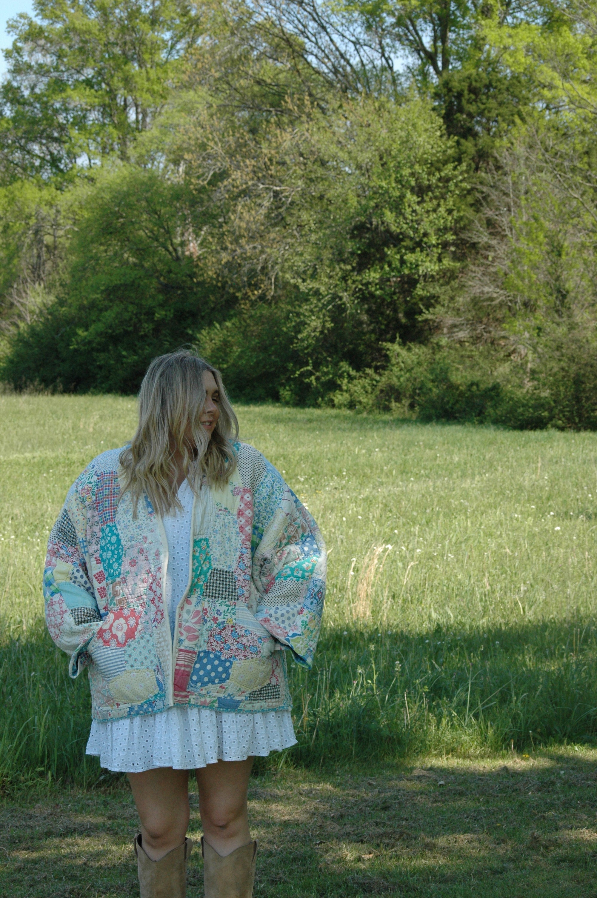 Vintage Feed Sack Multi Color Quilted Jacket with Pockets