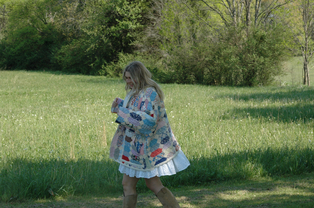 Vintage Patchwork Feed Sack Quilted Jacket with Pockets