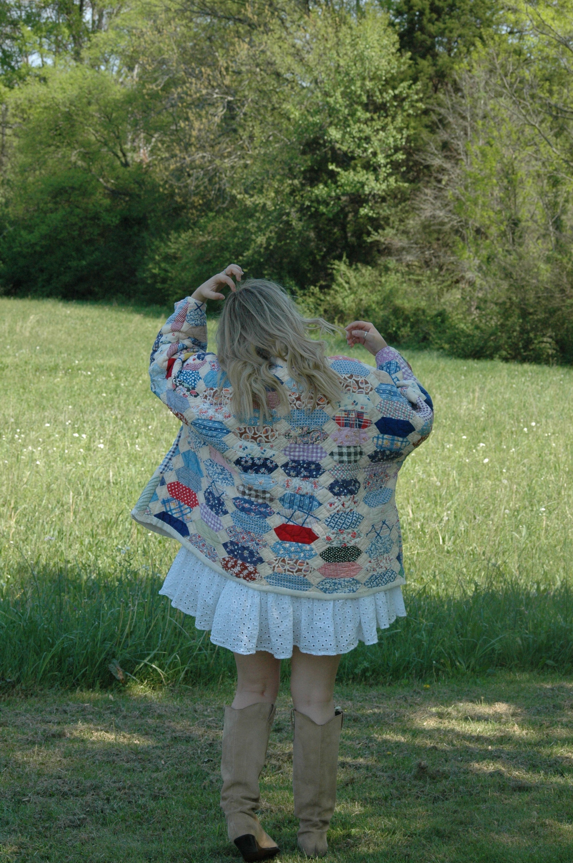 Vintage Patchwork Feed Sack Quilted Jacket with Pockets