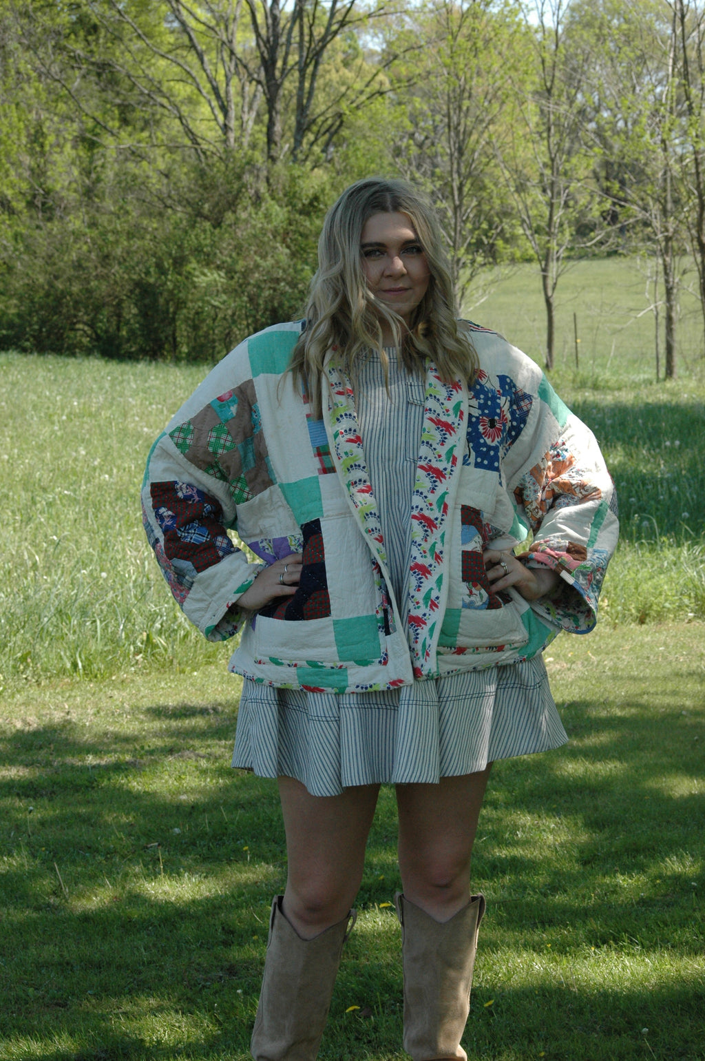 Vintage Block Bowtie Quilted Jacket with Pockets