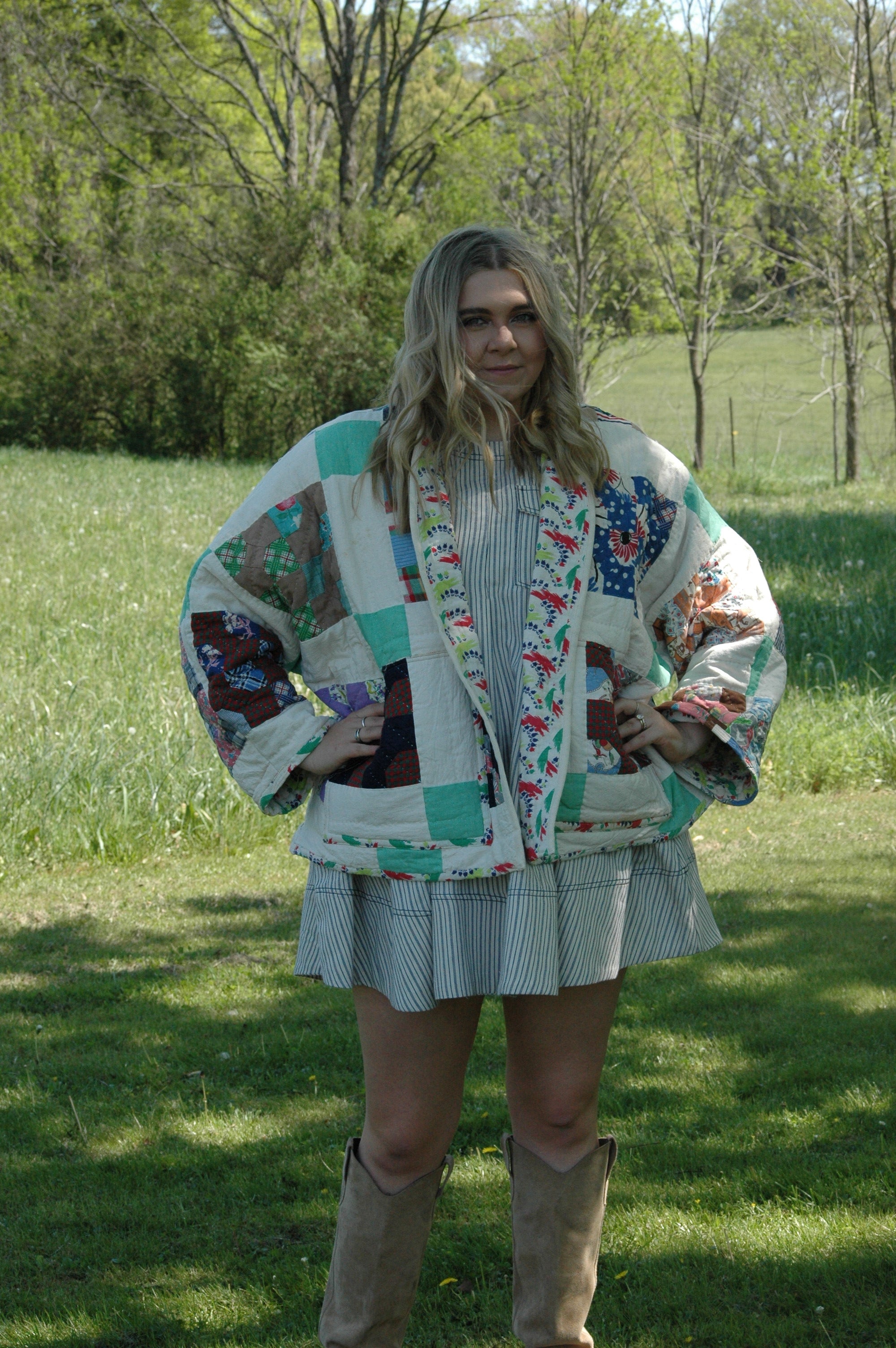 Vintage Block Bowtie Quilted Jacket with Pockets