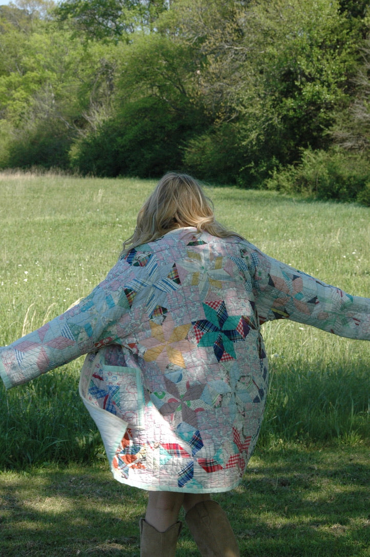 Vintage Patchwork Long Quilted Jacket with Pockets
