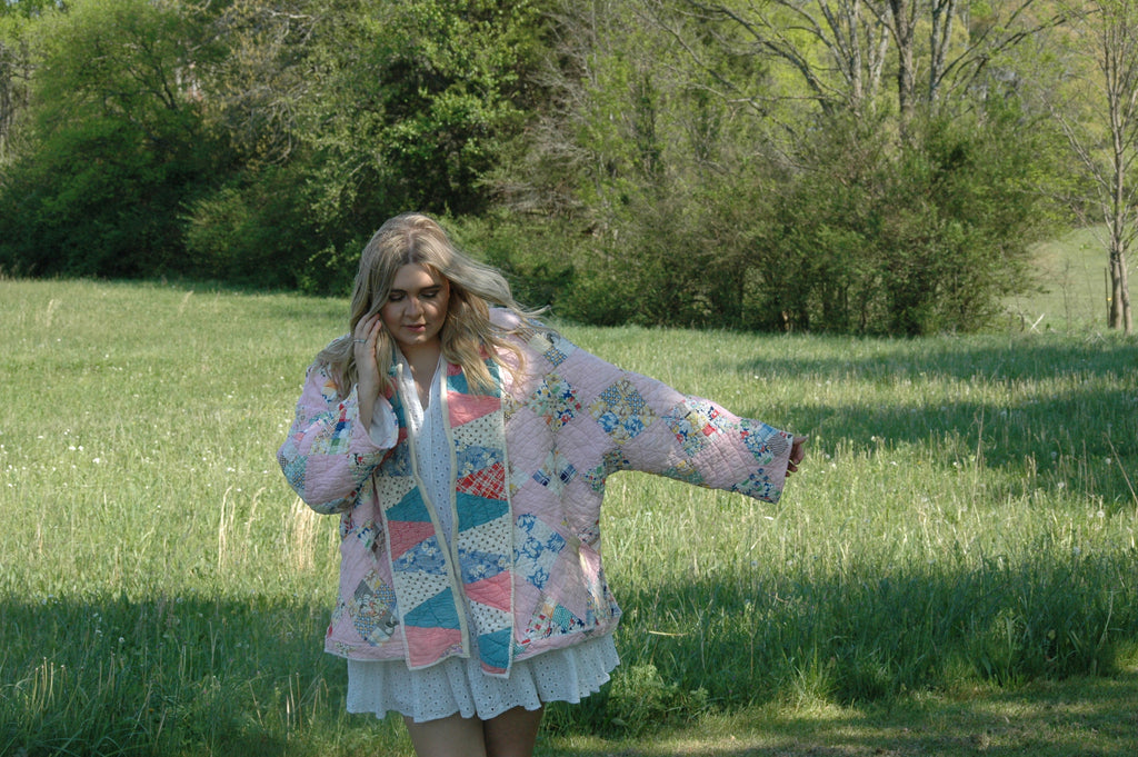 Vintage Pink Patchwork Quilted Jacket with Pockets & Collar