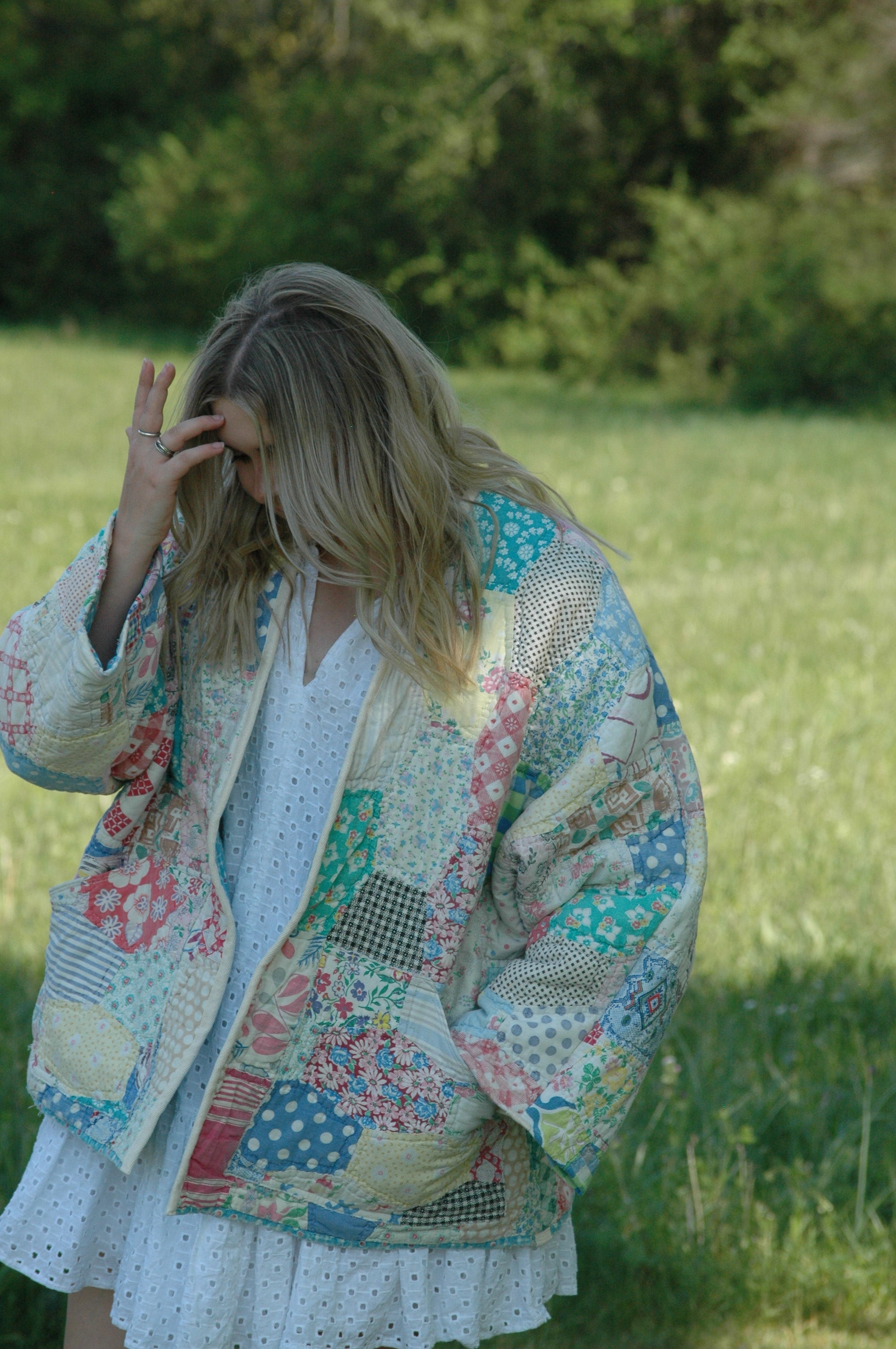 Vintage Feed Sack Multi Color Quilted Jacket with Pockets