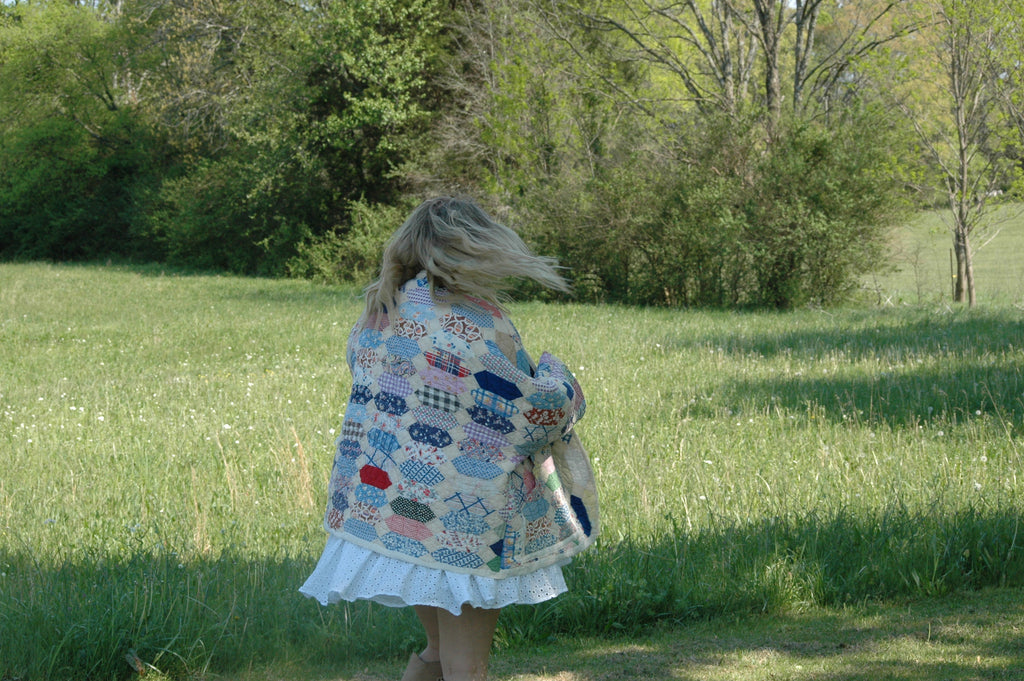 Vintage Patchwork Feed Sack Quilted Jacket with Pockets