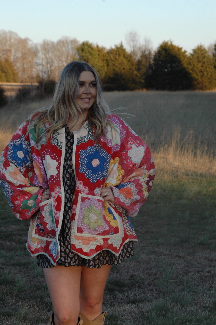 Vintage Red Grandmother's Flower Garden Quilt Jacket