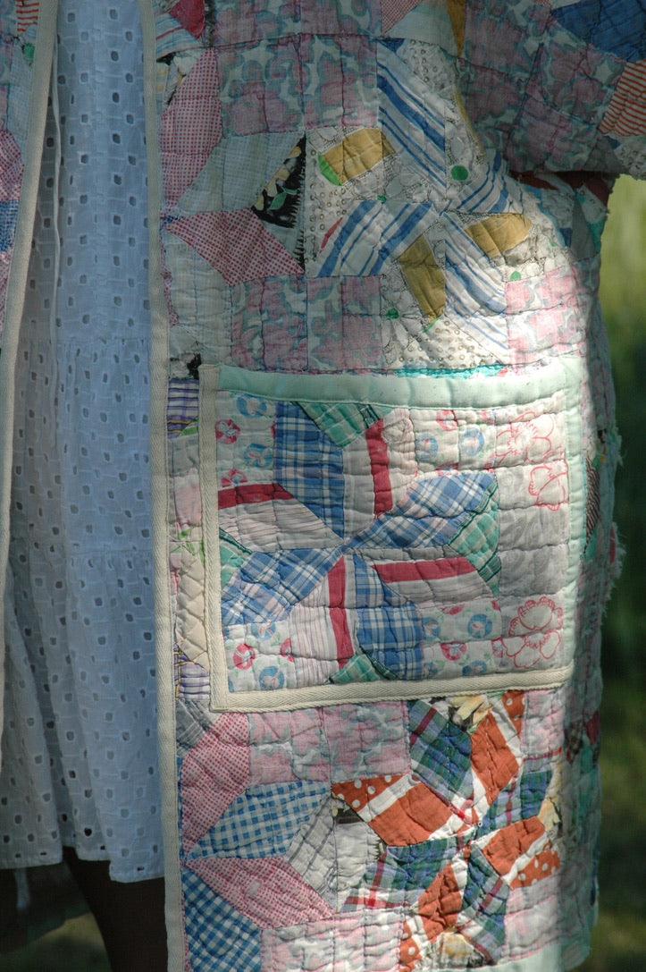Vintage Patchwork Long Quilted Jacket with Pockets