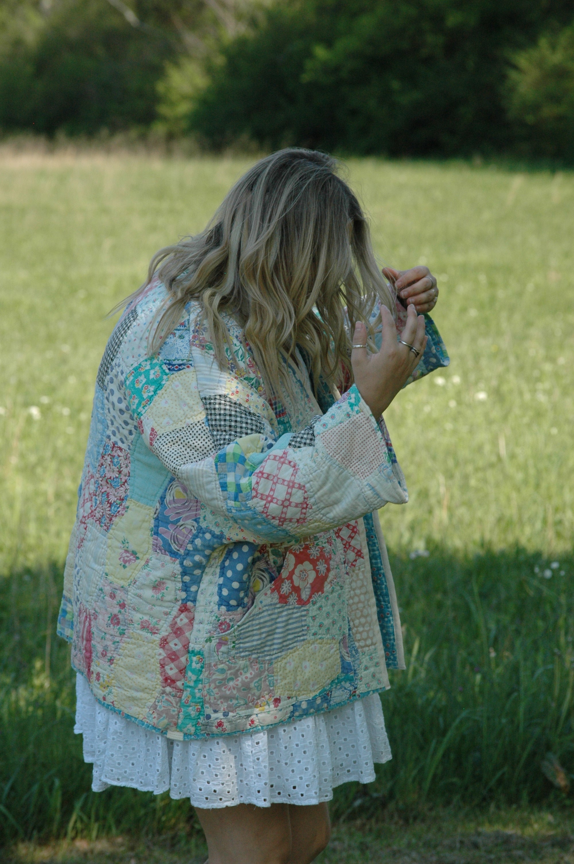 Vintage Feed Sack Multi Color Quilted Jacket with Pockets