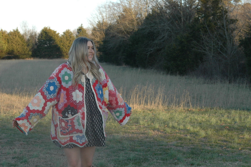 Vintage Red Grandmother's Flower Garden Quilt Jacket