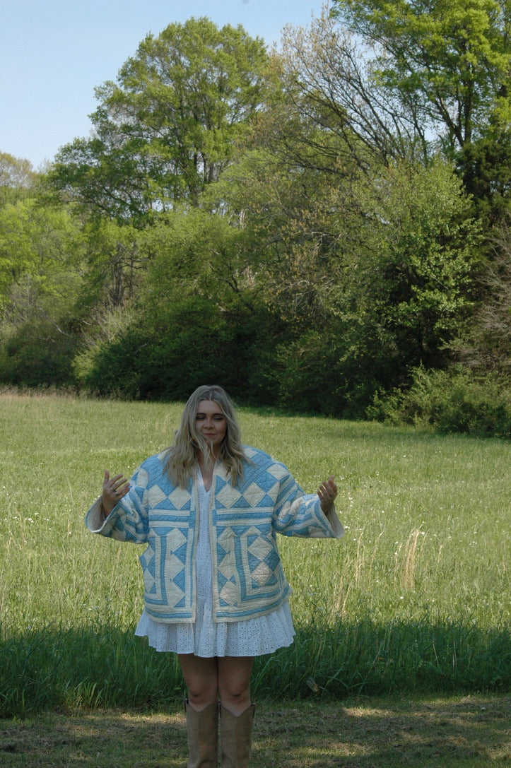 Vintage Blue and Cream Quilted Jacket with Pockets