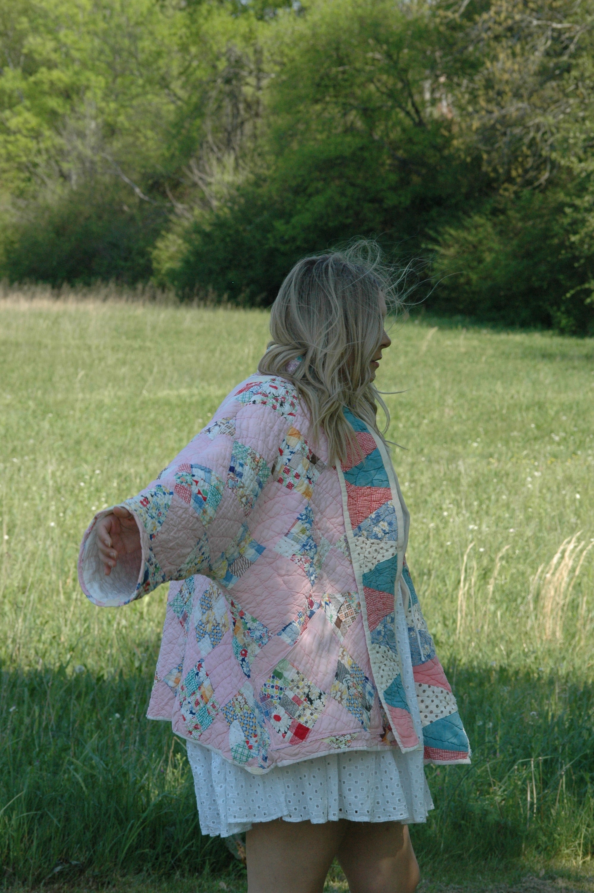 Vintage Pink Patchwork Quilted Jacket with Pockets & Collar
