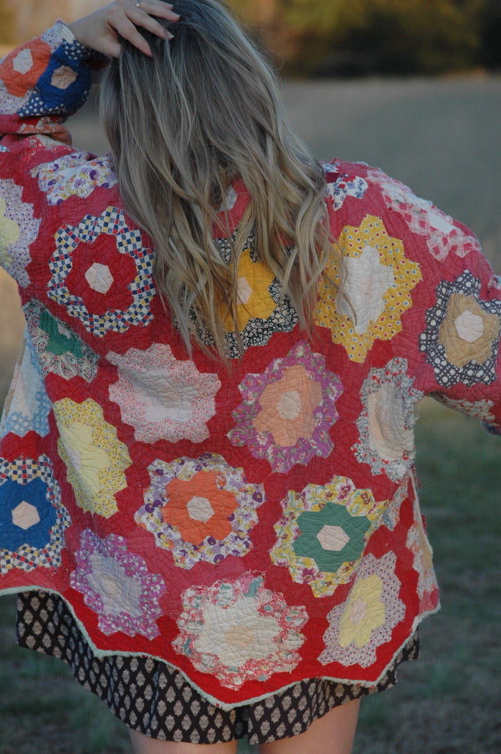 Vintage Red Grandmother's Flower Garden Quilt Jacket