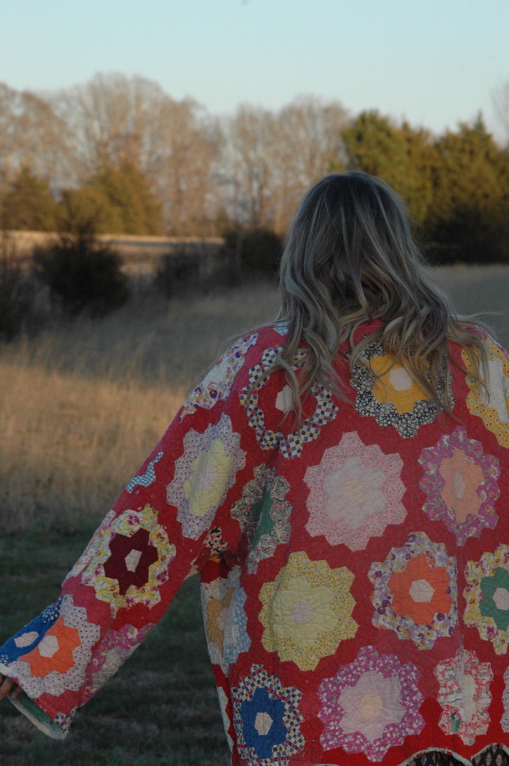 Vintage Red Grandmother's Flower Garden Quilt Jacket
