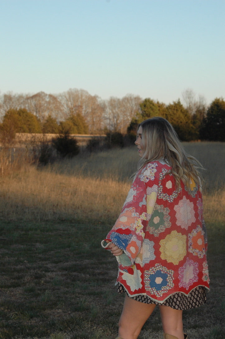 Vintage Red Grandmother's Flower Garden Quilt Jacket