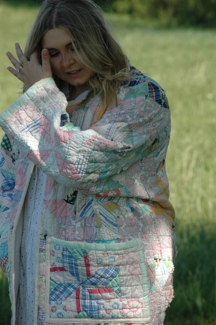 Vintage Patchwork Long Quilted Jacket with Pockets