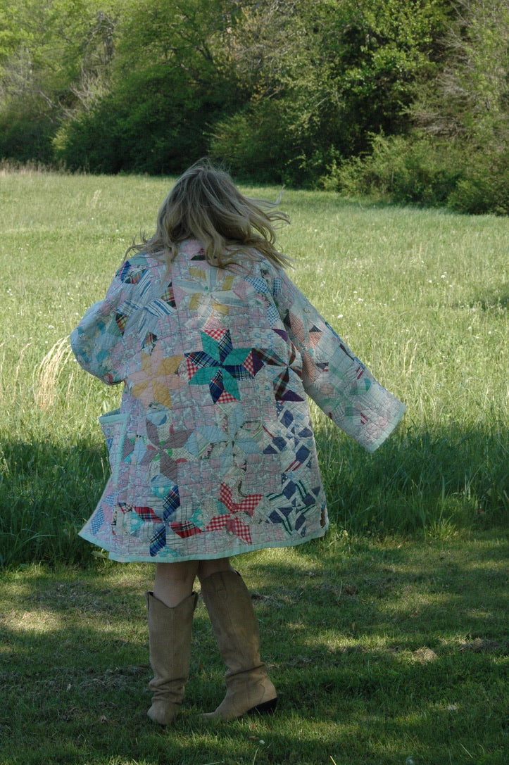 Vintage Patchwork Long Quilted Jacket with Pockets