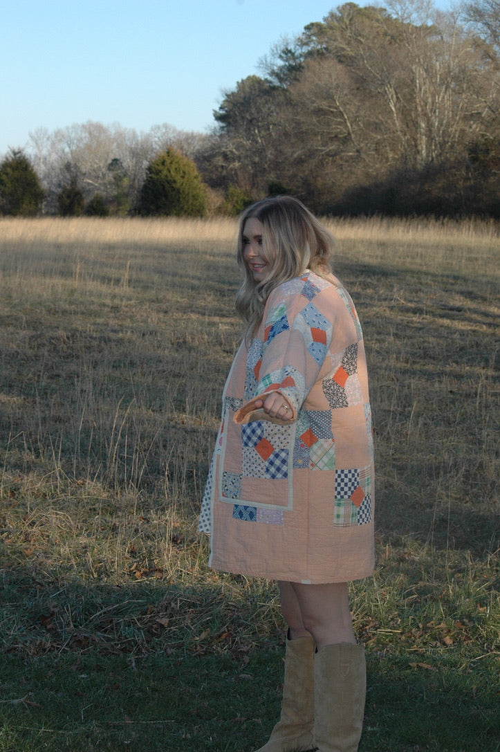 Vintage Peach Bowtie Patchwork Quilt Jacket
