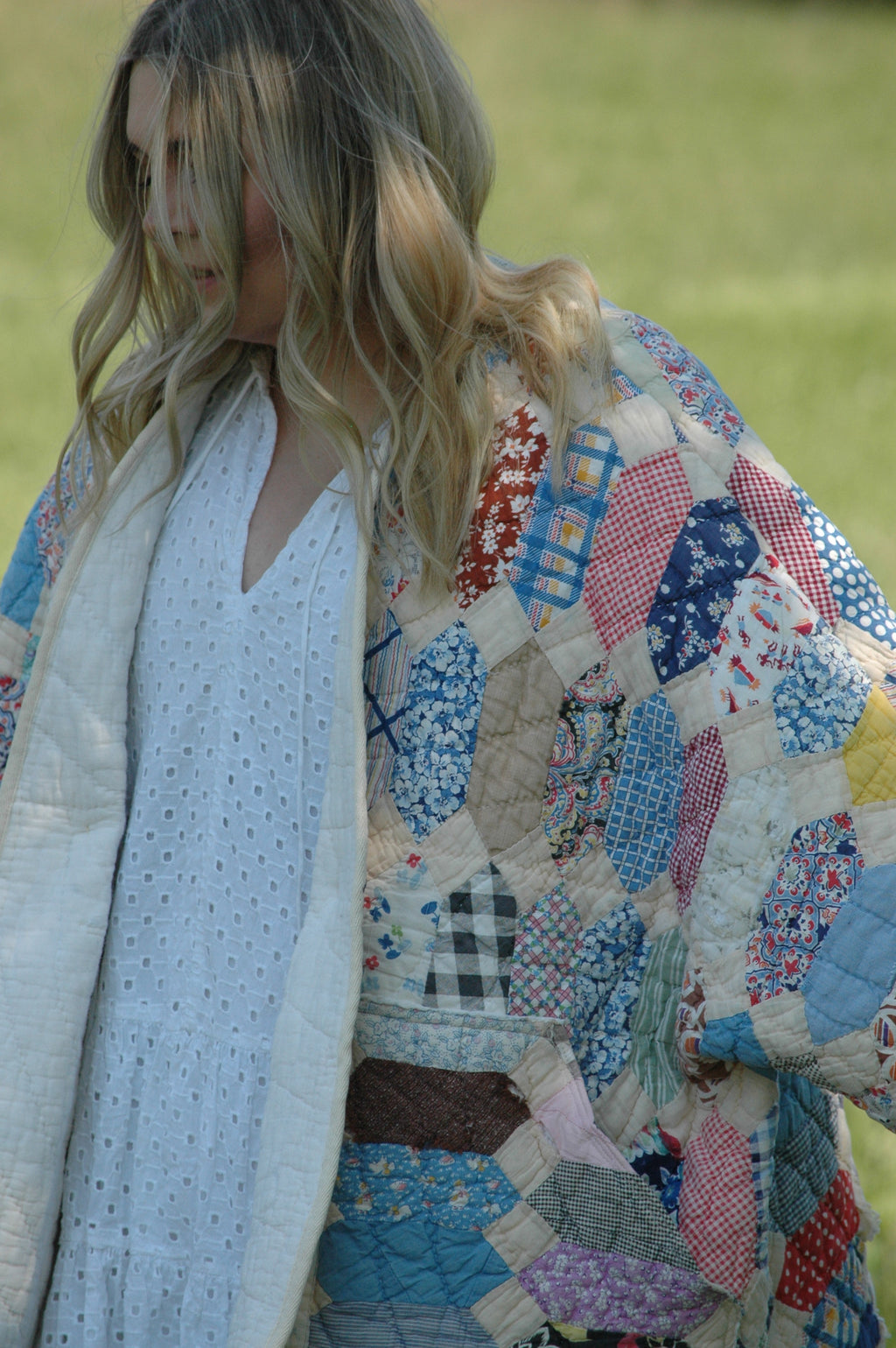 Vintage Patchwork Feed Sack Quilted Jacket with Pockets