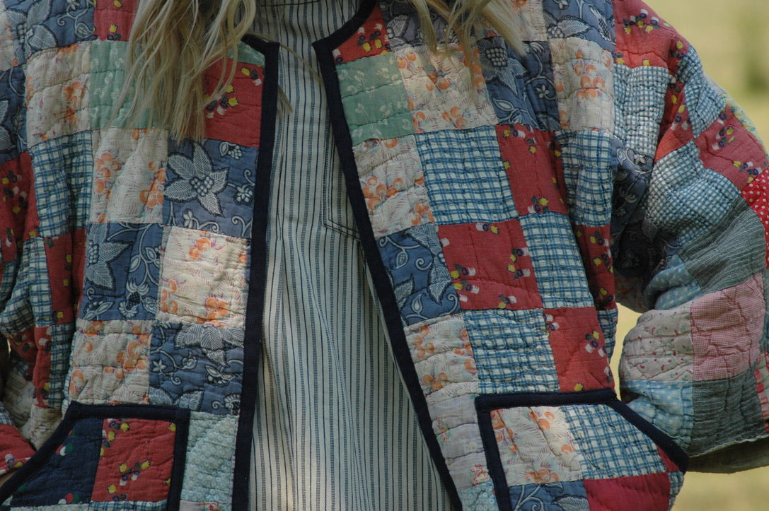 Vintage 1930s Feed Sack Quilted Jacket with Pockets