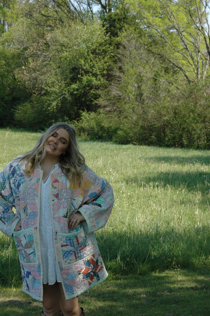 Vintage Patchwork Long Quilted Jacket with Pockets