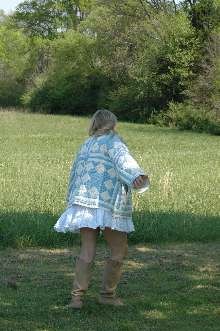 Vintage Blue and Cream Quilted Jacket with Pockets