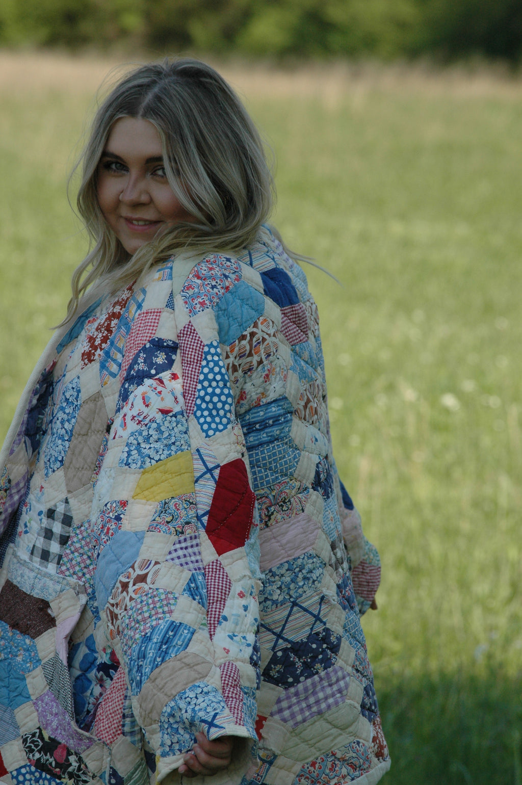 Vintage Patchwork Feed Sack Quilted Jacket with Pockets